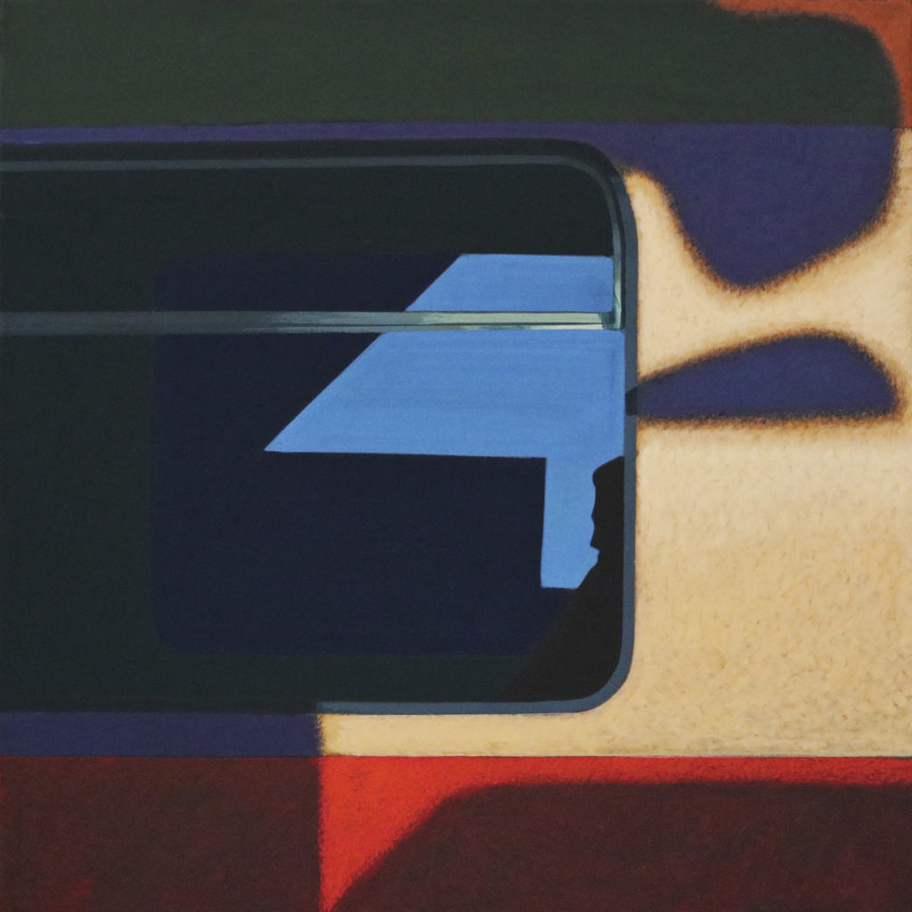 Obraz "Pomiędzy III", tempera żółtkowa na płótnie, 90x90 cm, abstrakcyjne cienie na oknie pociągu