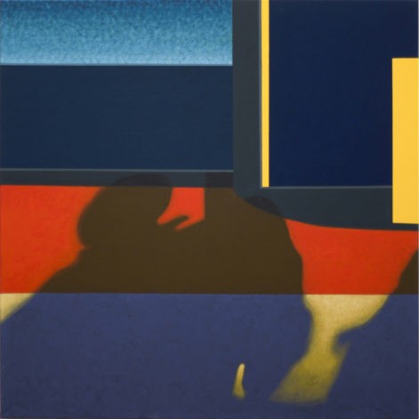 Obraz "Cień III", tempera żółtkowa na płótnie, 120x120 cm, abstrakcyjne cienie na oknie pociągu, z cyklu "międzyprzestrzeń", abstrakcja geometryczna