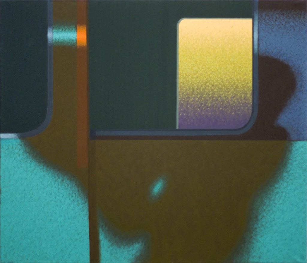 Obraz "Cień II", tempera żółtkowa na płótnie, 120x140 cm, abstrakcyjne cienie na oknie pociągu, z cyklu "międzyprzestrzeń", abstrakcja geometryczna