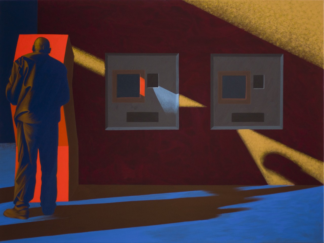 Obraz "Cień I", tempera żółtkowa na płótnie, 120x160 cm, z cyklu "międzyprzestrzeń", abstrakcyjne cienie na ścianie, mężczyzna stojący tyłem