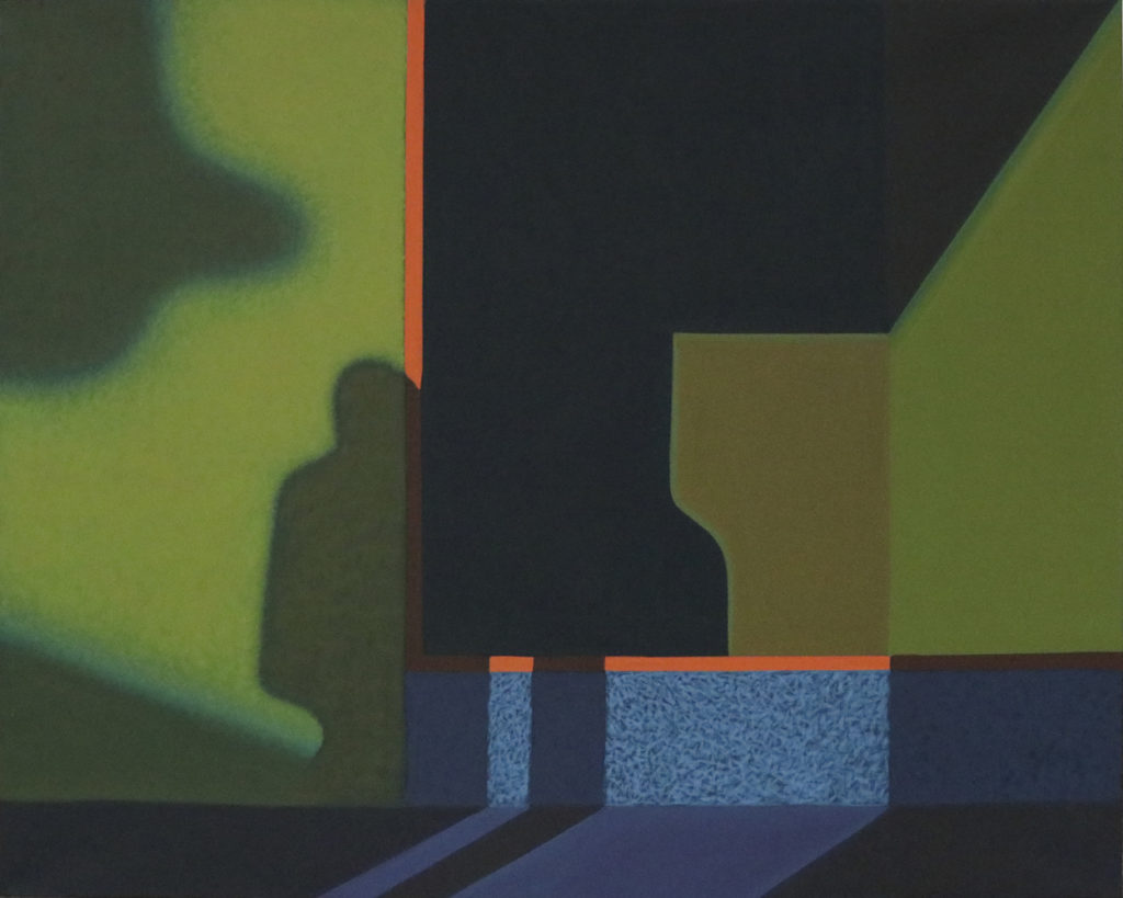 Obraz "Cień", tempera żółtkowa na płótnie, 120x150 cm, cień człowieka na zielonej ścianie, z cyklu "międzyprzestrzeń", abstrakcja geometryczna