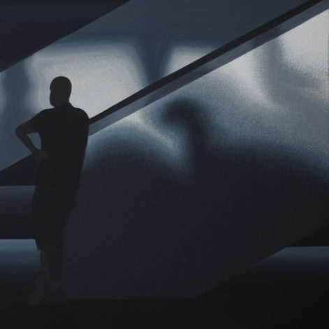 Obraz "Cisza", z cyklu "światłoczułe", sylwetka człowieka w mocnym kontrastowym świetle, obraz figuratywny