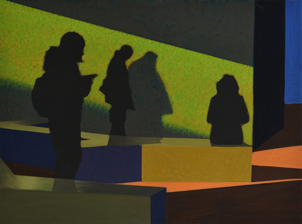 Obraz "Czekają", tempera żółtkowa na płótnie, 90x120 cm, sylwetki ludzi na tle zielonej ściany w poczekalni, z cyklu "międzyprzestrzeń", obraz figuratywny