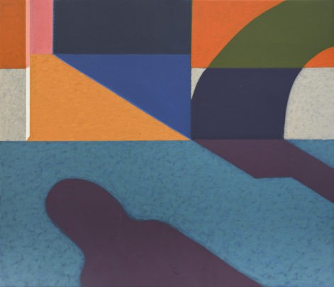 Obraz "Geometria światła IV", tempera żółtkowa na płótnie, 60x70 cm, cień człowieka na tle geometrycznych,, kolorowych podziałów, z cyklu "międzyprzestrzeń", abstrakcja geometryczna