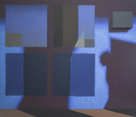 Obraz "Geometria światła VII", tempera żółtkowa na płótnie, 60x70 cm, cień człowieka na tle niebieskiej ściany, z cyklu "międzyprzestrzeń", obraz figuratywny, geometryczne podziały, światłocień, błękity