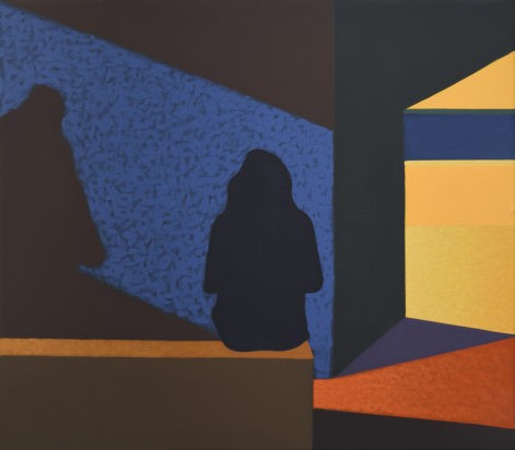 Obraz "Geometria światła VI", tempera żółtkowa na płótnie, 60x70 cm, sylwetki ludzi na tle niebieskiej ściany, z cyklu "międzyprzestrzeń", obraz figuratywny, geometria