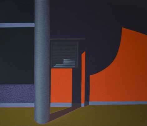 Obraz "Geometria światła V", tempera żółtkowa na płótnie, 60x70 cm, cienie na oranżowej ścianie, z cyklu "międzyprzestrzeń", abstrakcja geometryczna