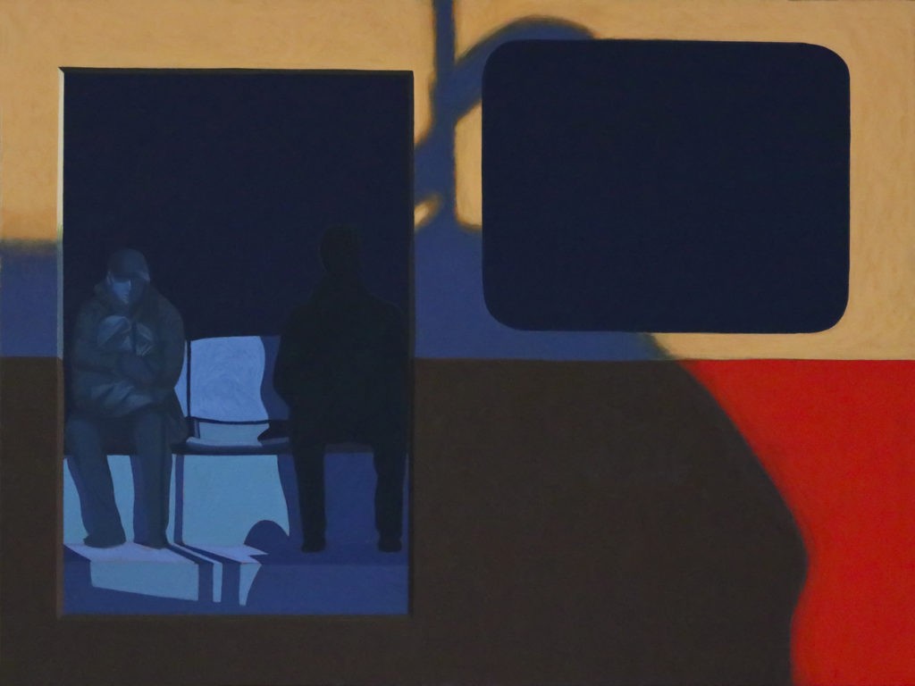 Obraz "Pomiędzy II", tempera żółtkowa na płótnie, 120x160 cm, z cyklu "międzyprzestrzeń", sylwetki ludzi we wnętrzu tramwaju, abstrakcyjne cienie, obraz figuratywny