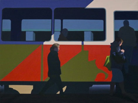 Obraz "Pomiędzy", tempera żółtkowa na płótnie, z cyklu "międzyprzestrzeń", ludzie wsiadający do pociągu, obraz figuratywny