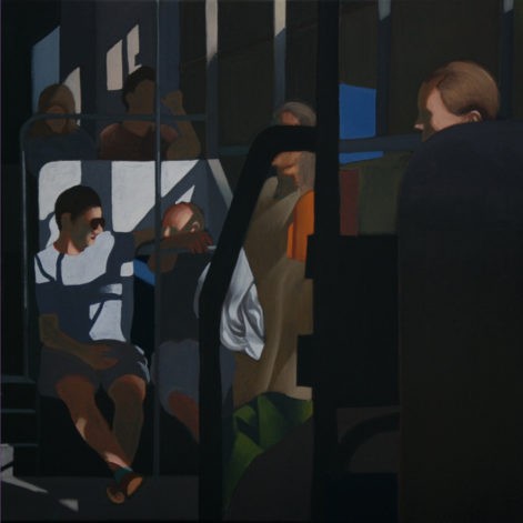 Obraz "Wnętrze 1", ludzie w tramwaju w mocnym kontrastowym świetle