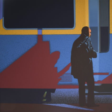 Obraz "Wsiada", z cyklu "światłoczułe", człowiek wsiadający do pociągu w mocnym kontrastowym świetle, obraz figuratywny
