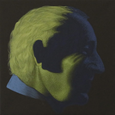 Obraz "Zielononiebieski", z cyklu "portret", zanikający w cieniu portret mężczyzny, obraz figuratywny, portret