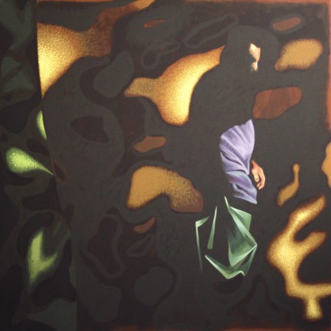 Obraz, sylwetka człowieka zanurzona w abstrakcyjnej grze cieni, abstrakcja geometryczna