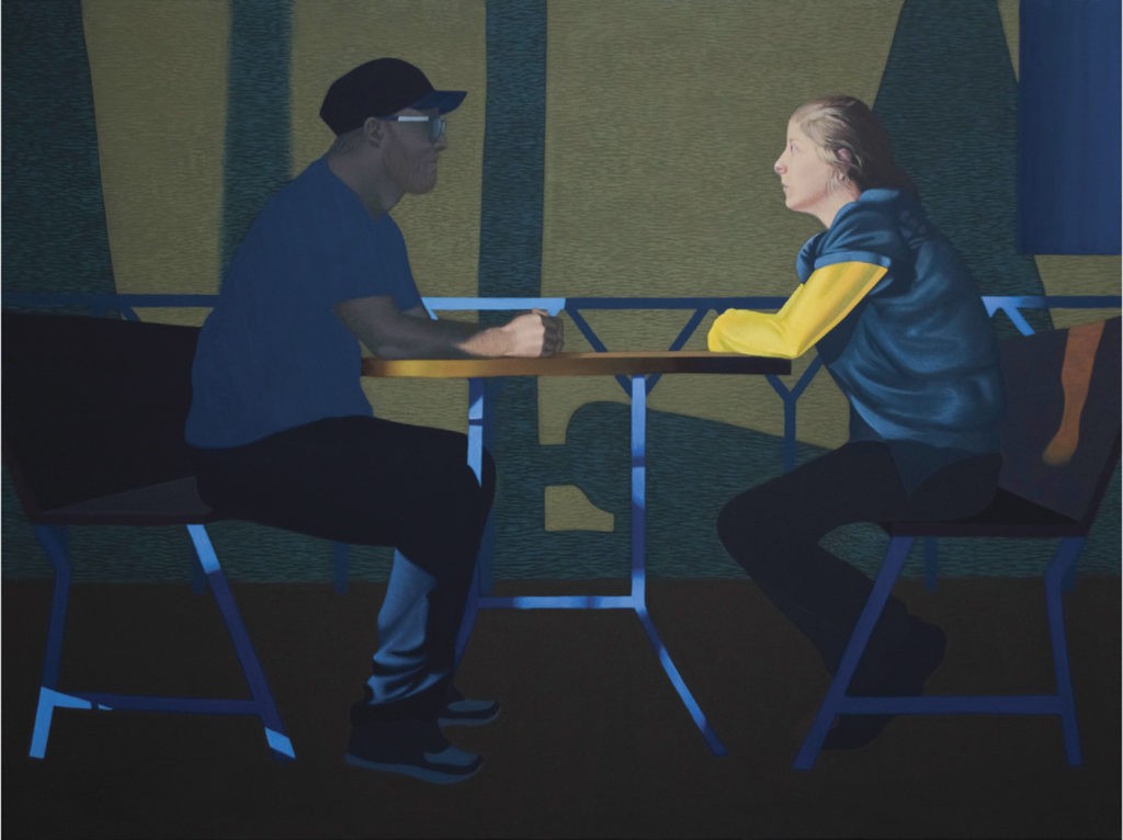 Obraz "Ona, on", z cyklu "światłoczułe", mężczyzna i kobieta przy kawiarnianym stole